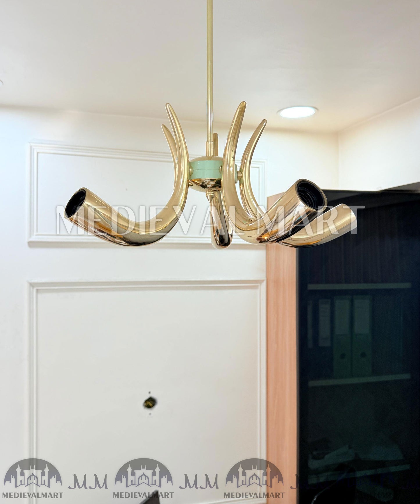 MEDIEVALMART Handmade Brass 5-Arm Chandelier | Mid-Century Modern Light Fixture