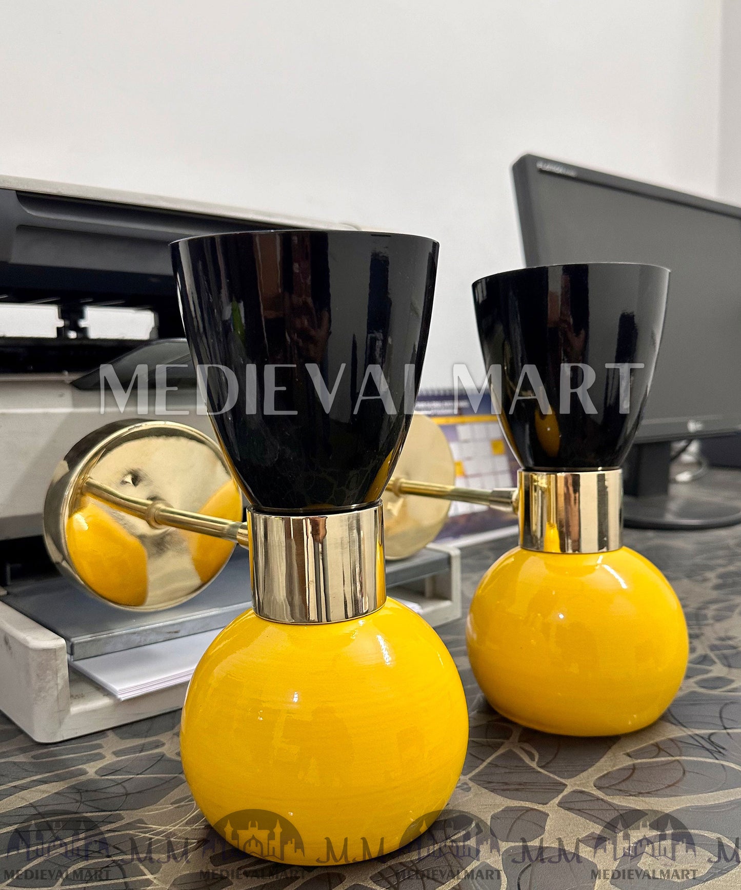 MEDIEVALMART Mid Century Italian Diabolo Wall Sconce Pair: Marigold & Black Bedside Lamps