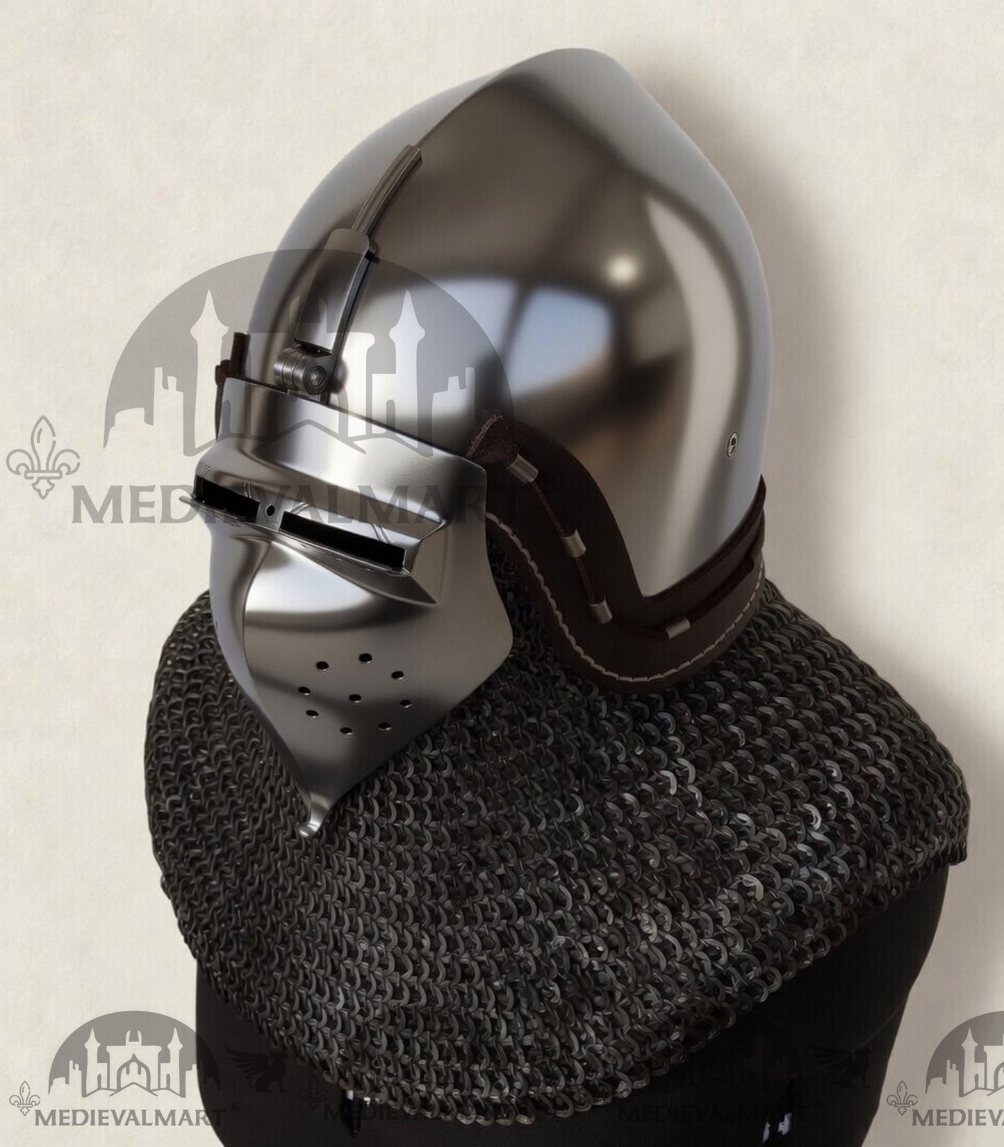 MEDIEVALMART XIV Century Medieval "The Wayward Knight" klappvisor Bascinet Helmet with Chainmail