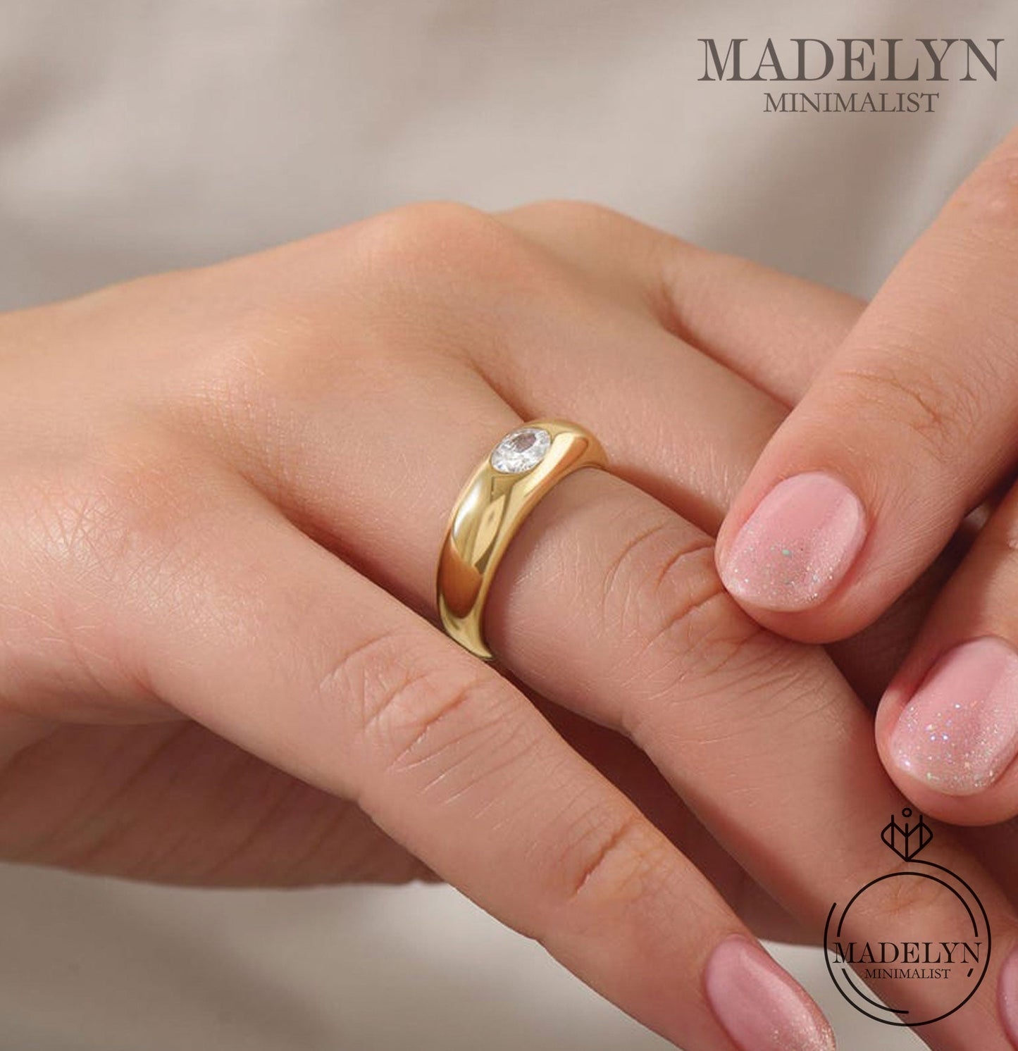 MADELYN MINIMALIST 14k Solid Gold Bezel Diamond Dome Engagement Ring Chunky Thick Band | Gift for Mom