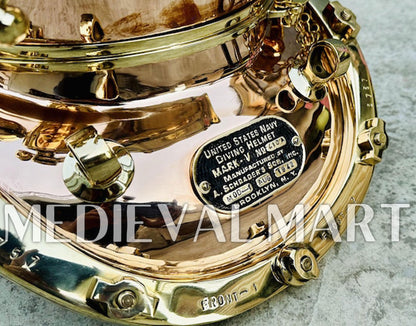 MEDIEVALMART High Textured Copper brass Diving Helmet With Wooden Base