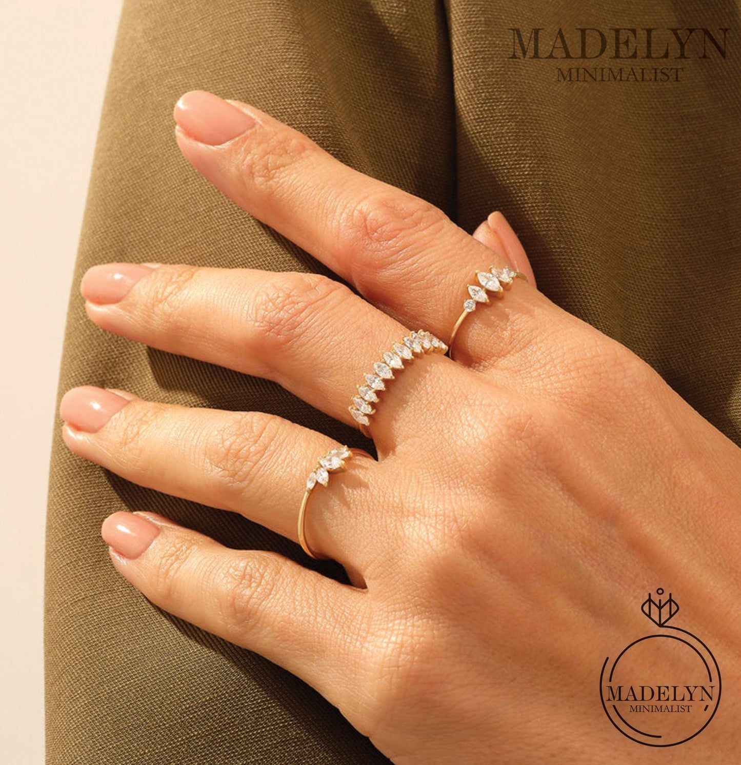 MADELYN MINIMALIST 14k Solid Gold Marquise Dainty Tiara Wedding Ring | Gift For Wife