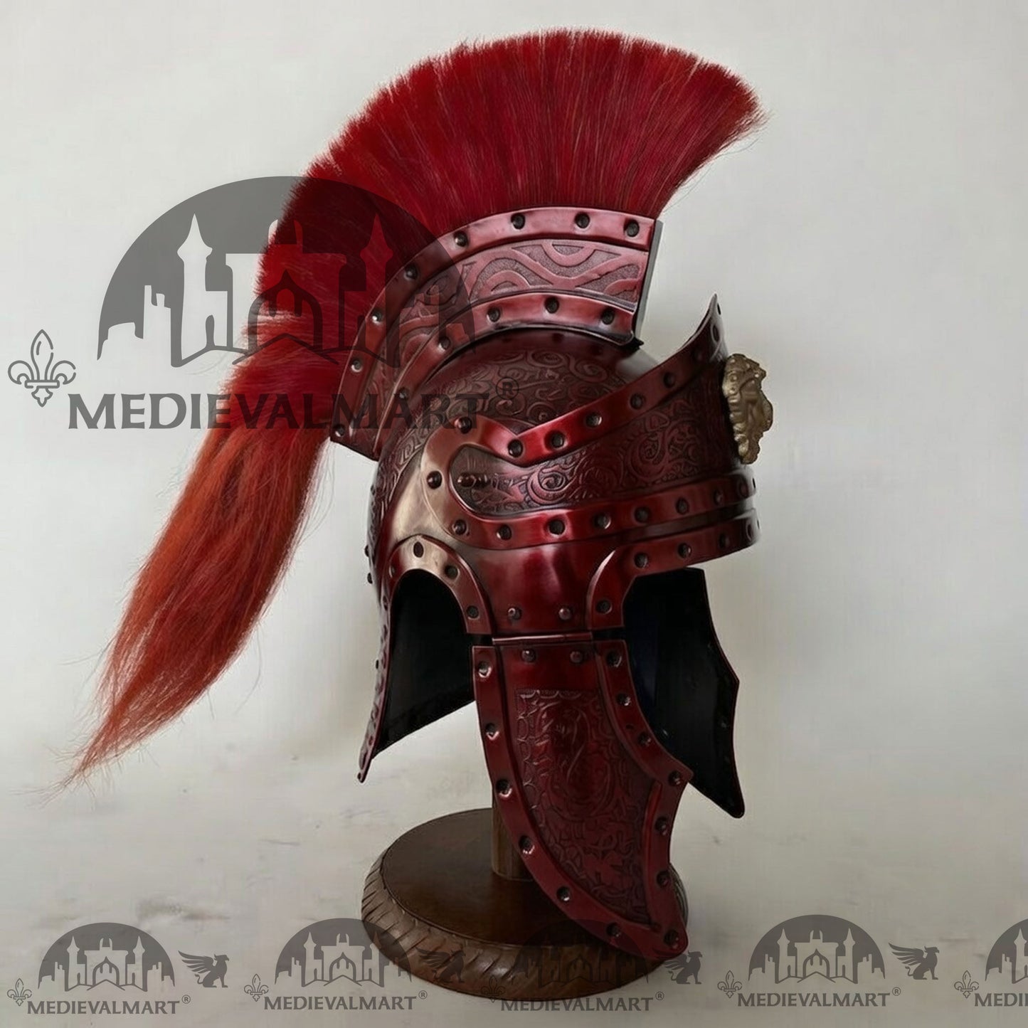 MEDIEVALMART Medieval Roman Centurion Maroon Red Finish Helmet with Red Plume or Free Wooden Stand