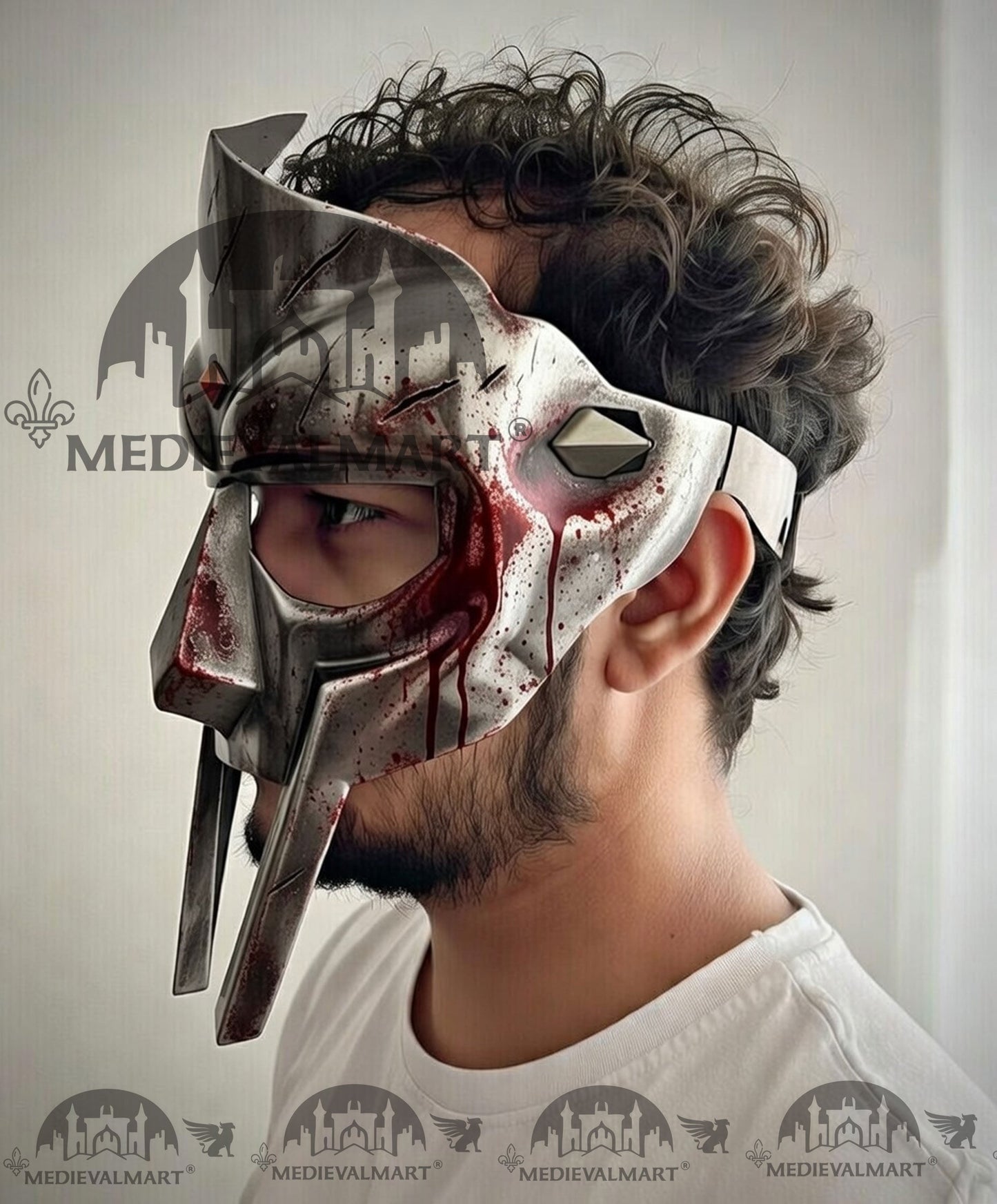 MEDIEVALMART PREMIUM MF DOOM Mask Mad Villain Battle Damage Silver Finish Steel Face Armor