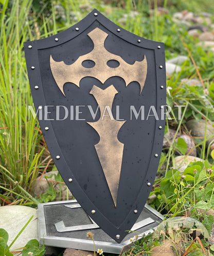 MEDIEVALMART Medieval Templar Bat Inspired Wooden Shield Black & Gold Finish | Gift for Christmas Day