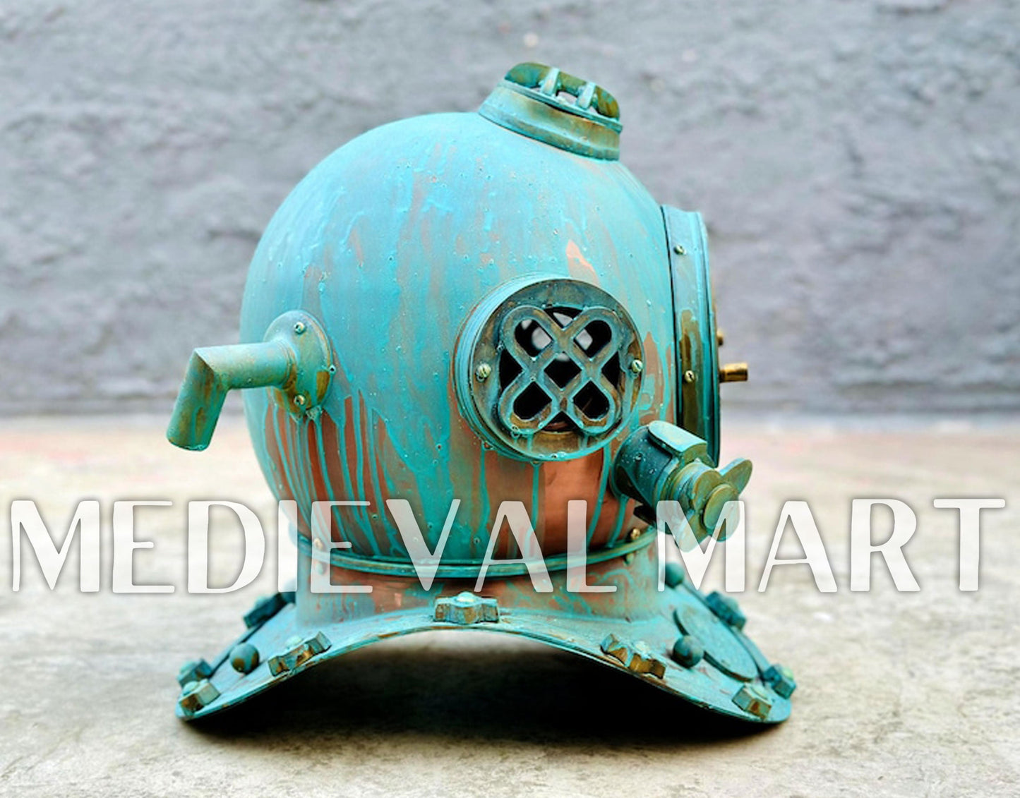 MEDIEVALMART Rusty Green Diving Helmet With Wooden Base