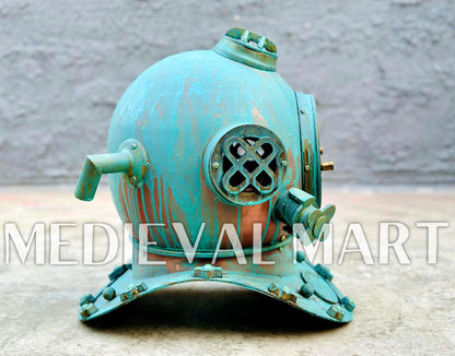 MEDIEVALMART Rusty Green Diving Helmet With Wooden Base