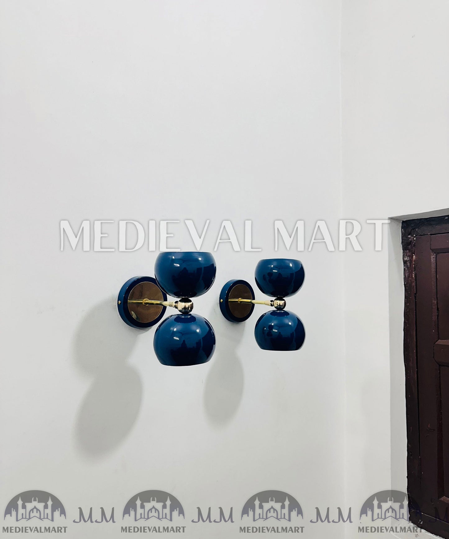 MEDIEVALMART Mid-Century Italian Brass Diabolo Wall Sconce Pair - Blue Lamp (Set of 2)