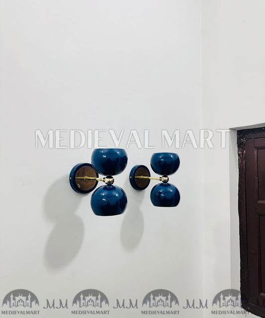MEDIEVALMART Mid-Century Italian Brass Diabolo Wall Sconce Pair - Blue Lamp (Set of 2)