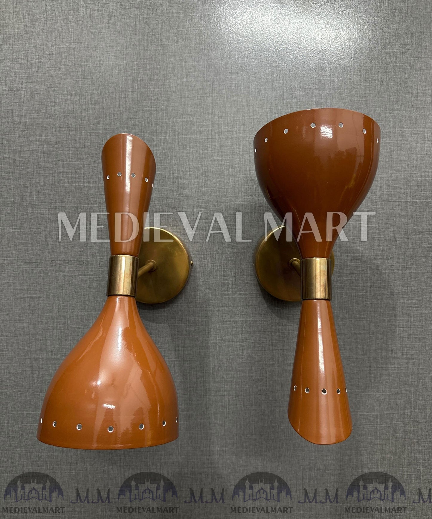 MEDIEVALMART Brass Double Cone Sconce Brown Wall Lamp, Handmade Vanity Light