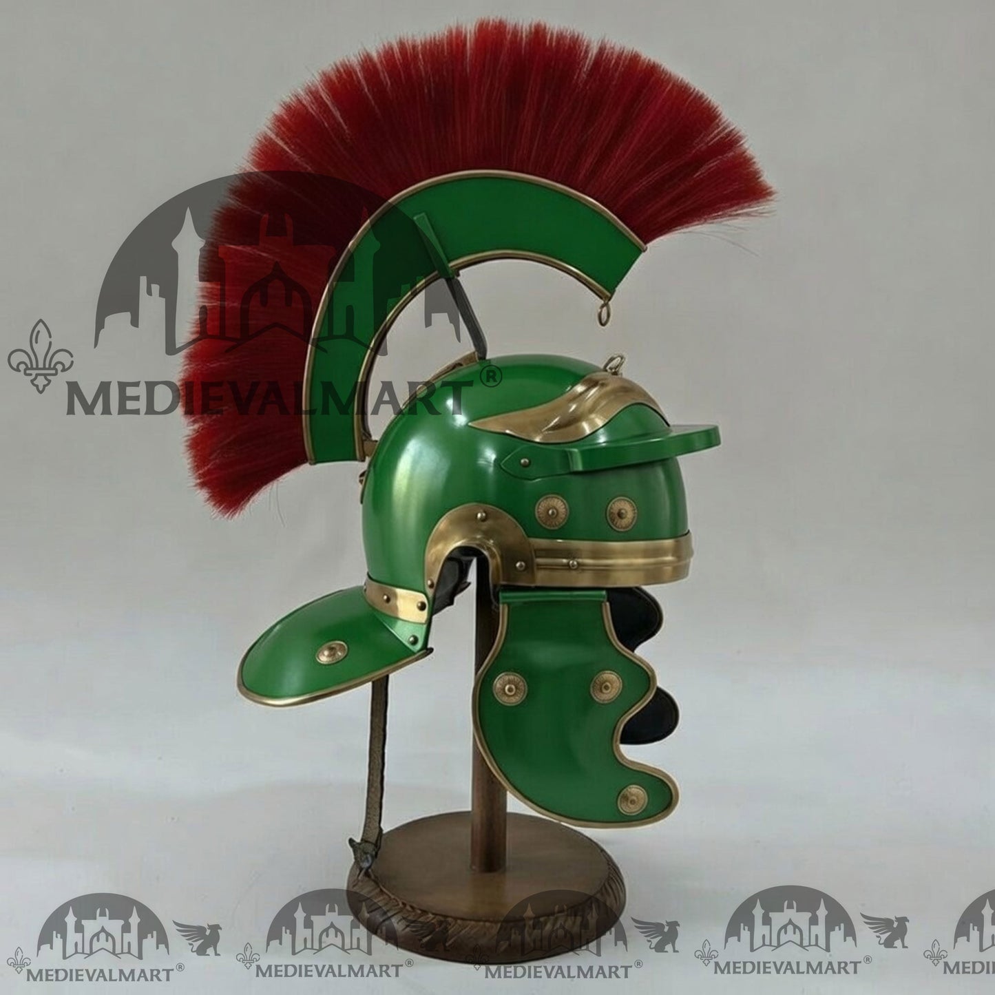 MEDIEVALMART Gallic Roman Centurion Green Finish Helmet Replica Red Plume with Free Stand