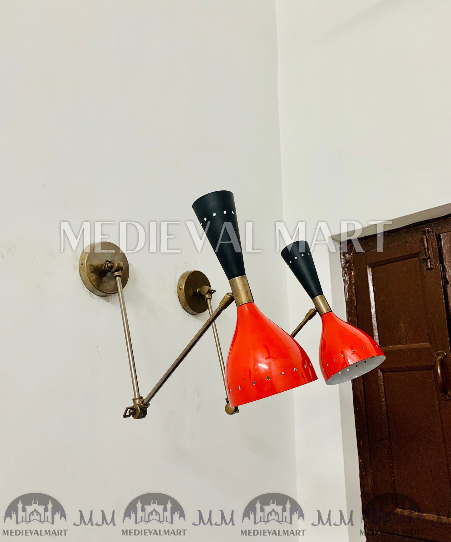 MEDIEVALMART Mid Century Italian Brass Wall Sconce Pair: Red & Black Stilnovo Light