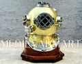 MEDIEVALMART Golden Green Diving Helmet With Wooden Base
