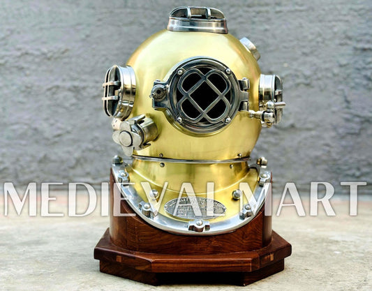 MEDIEVALMART Golden Green Diving Helmet With Wooden Base