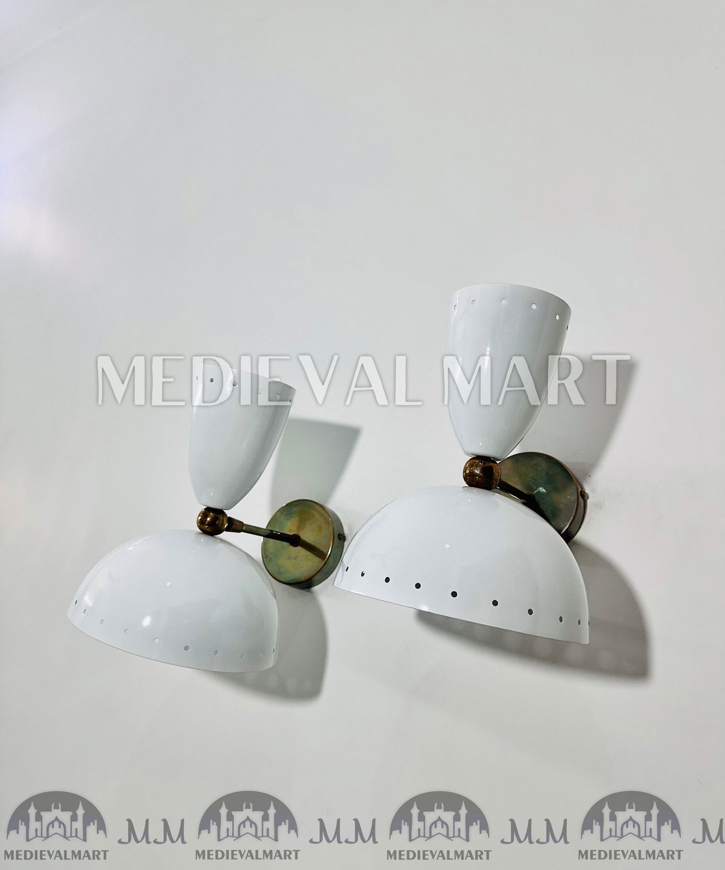 MEDIEVALMART Raw Brass Italian Mid Century Wall Sconces, White Bowl Lighting Pair