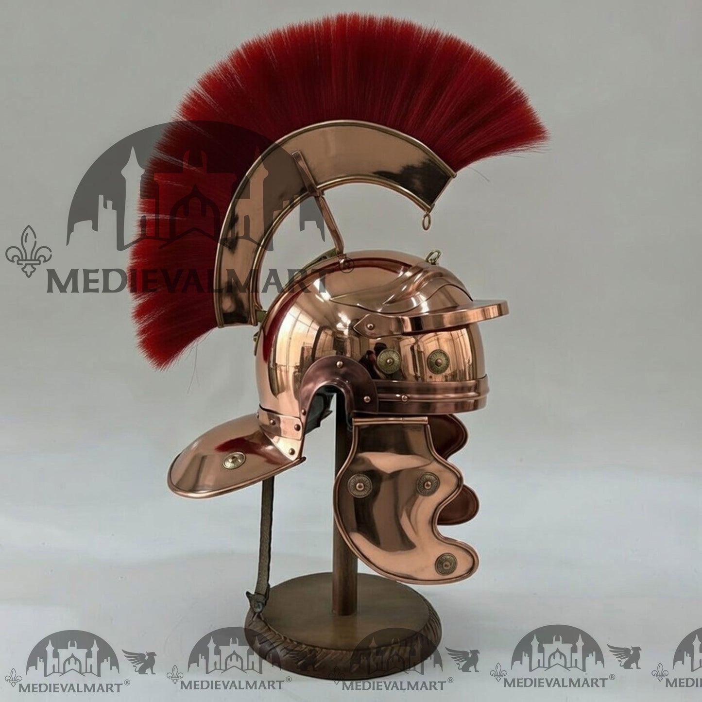 MEDIEVALMART Gallic Roman Centurion Copper Finish Helmet Replica Red Plume with Free Stand