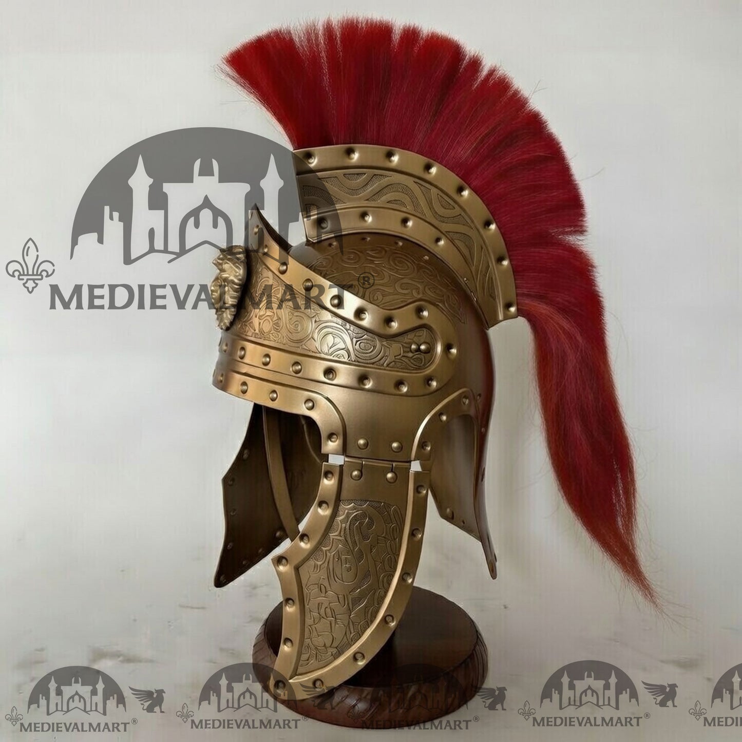MEDIEVALMART Medieval Roman Centurion Gold Finish Helmet with Red Plume or Free Wooden Stand