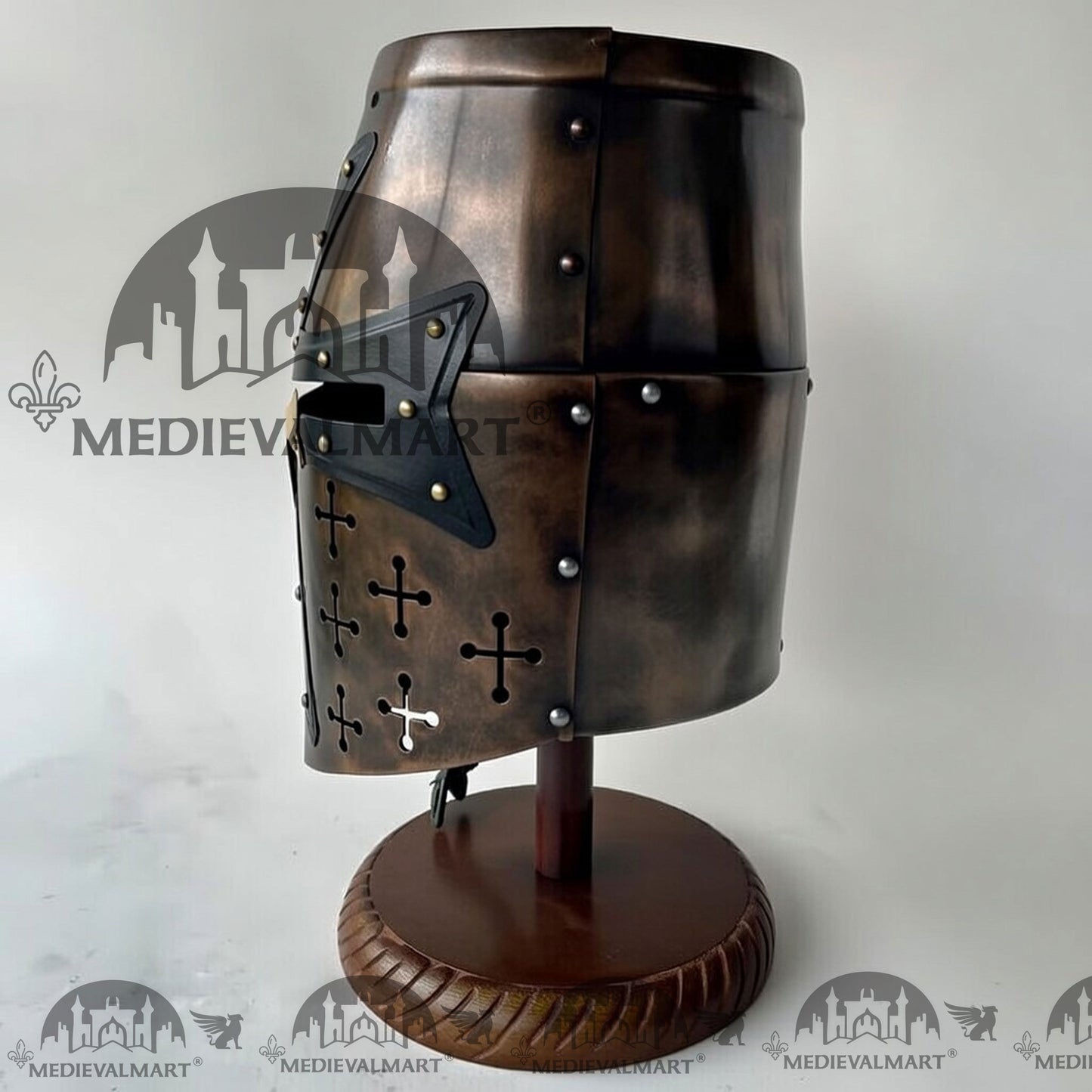MEDIEVALMART Special Templar Crusader Knight Antique Bronze Finish Helmet W/H Free Stand