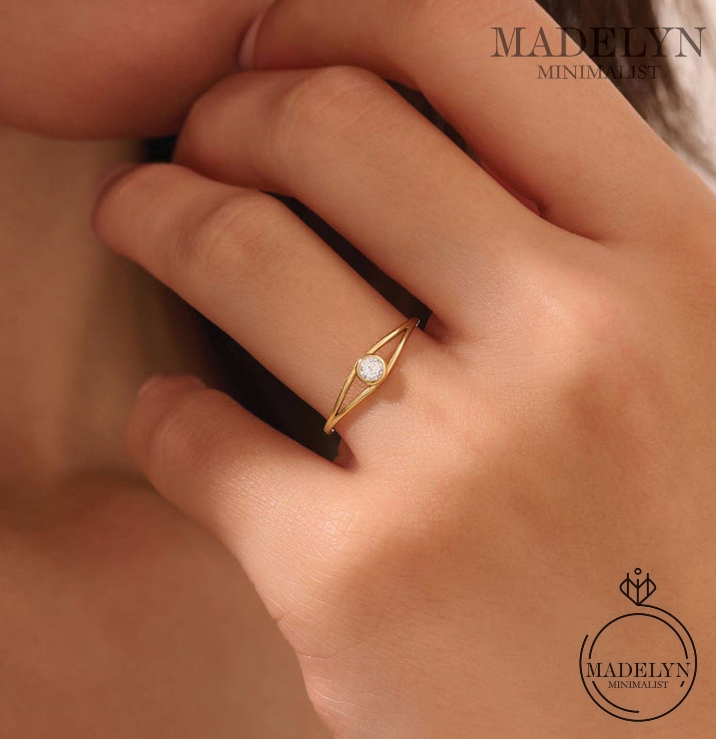 MADELYN MINIMALIST 14k Solid Gold Dainty Split Shank Solitaire Engagement Ring for Women | Gift For Mom