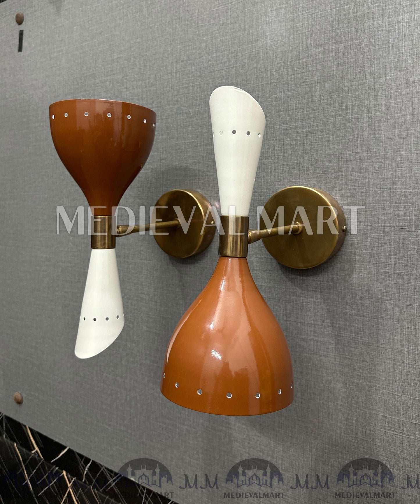 MEDIEVALMART Handmade Modern Chocolate & White Brass Double Cone Wall Sconce Light