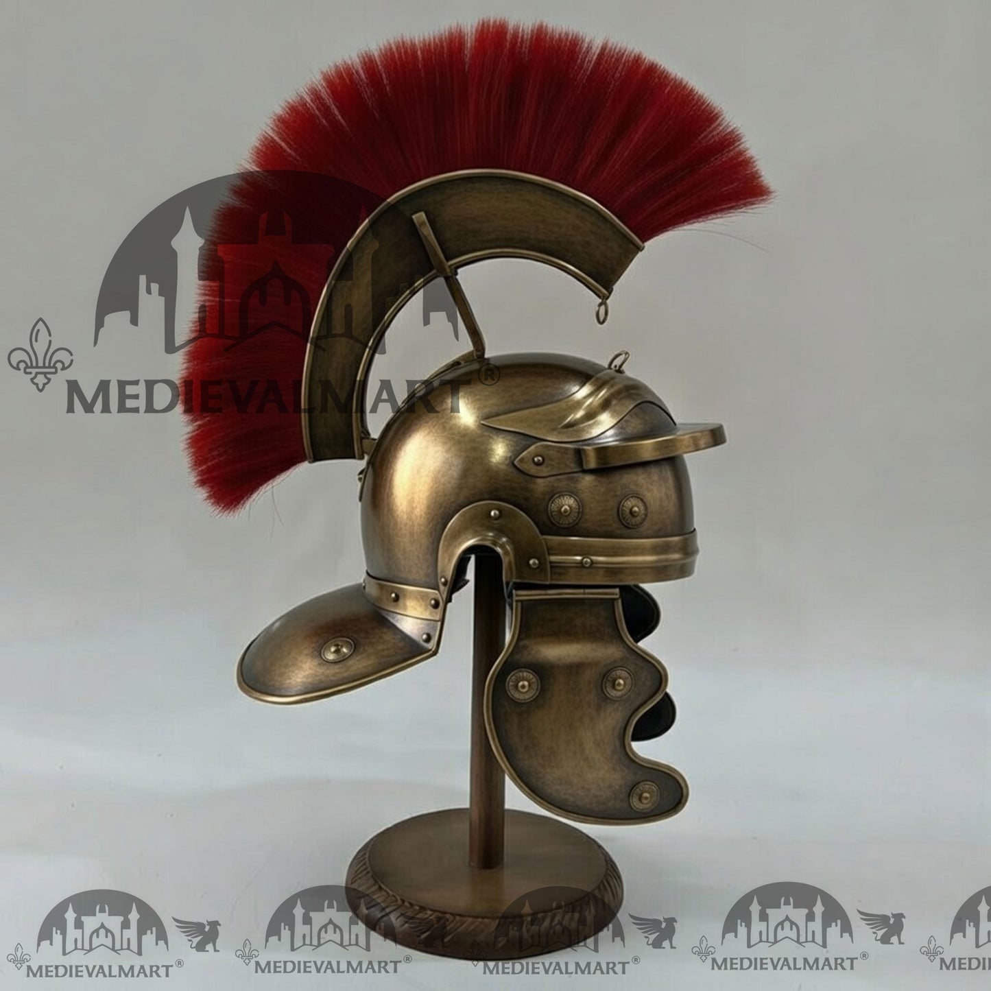 MEDIEVALMART Gallic Roman Centurion Antique Gold Finish Helmet Replica Red Plume with Free Stand