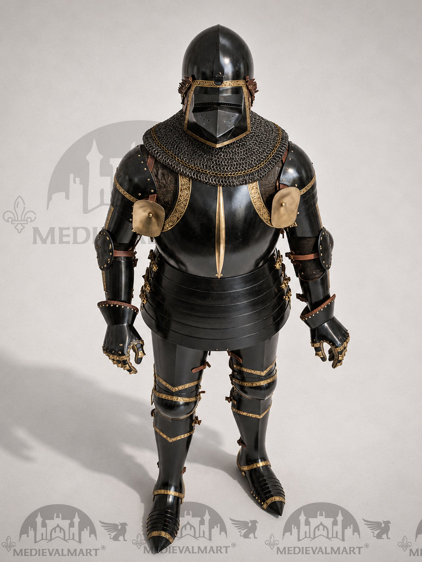 MEDIEVALMART Dark Paladin Imperial Guard Knight  Black & Brass Deco Full Body Metal Armor Costume W/H Houndskull
