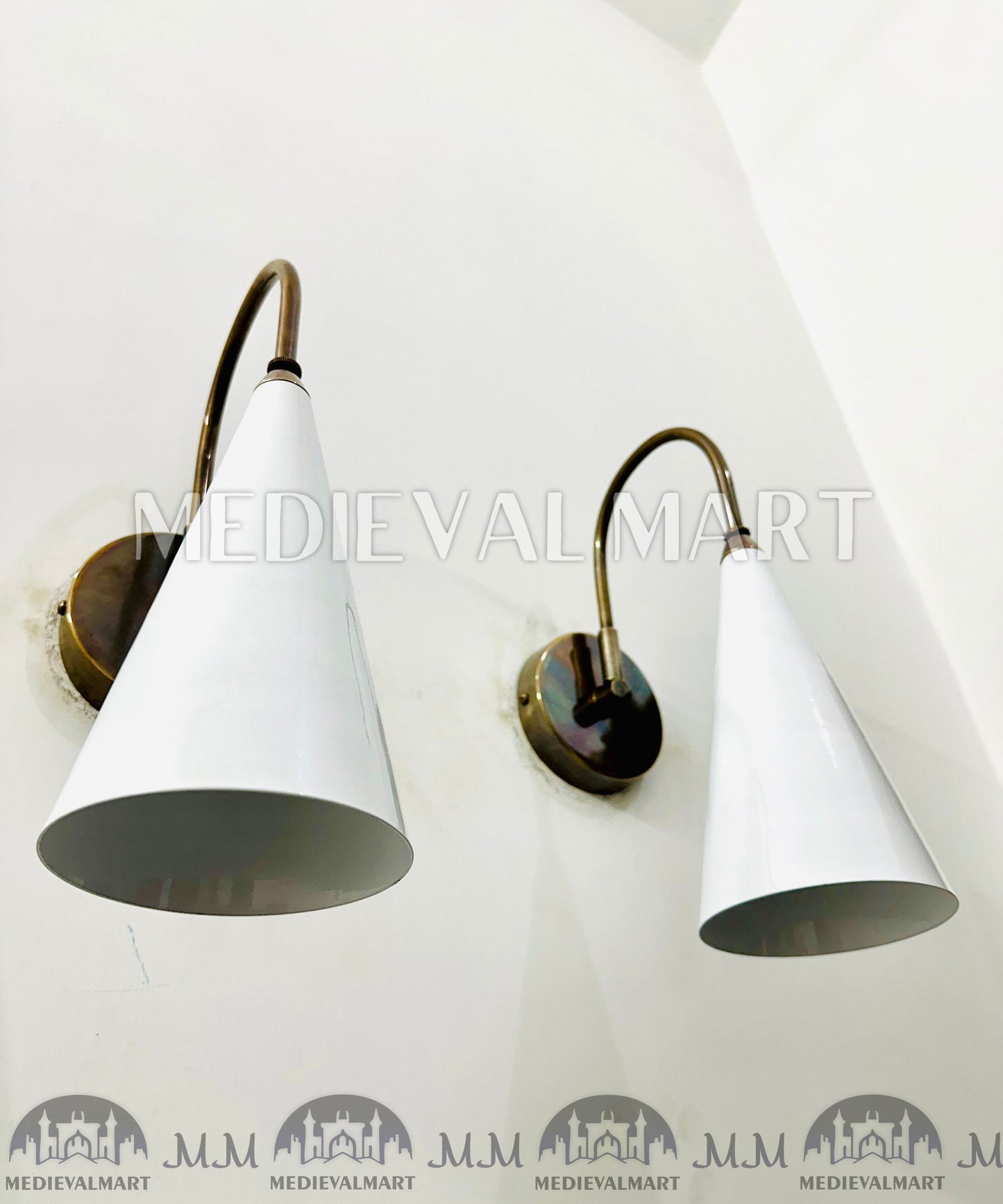 MEDIEVALMART Brass Wall Sconce: Mid Century White Cone Lamp, Adjustable Diabolo Light