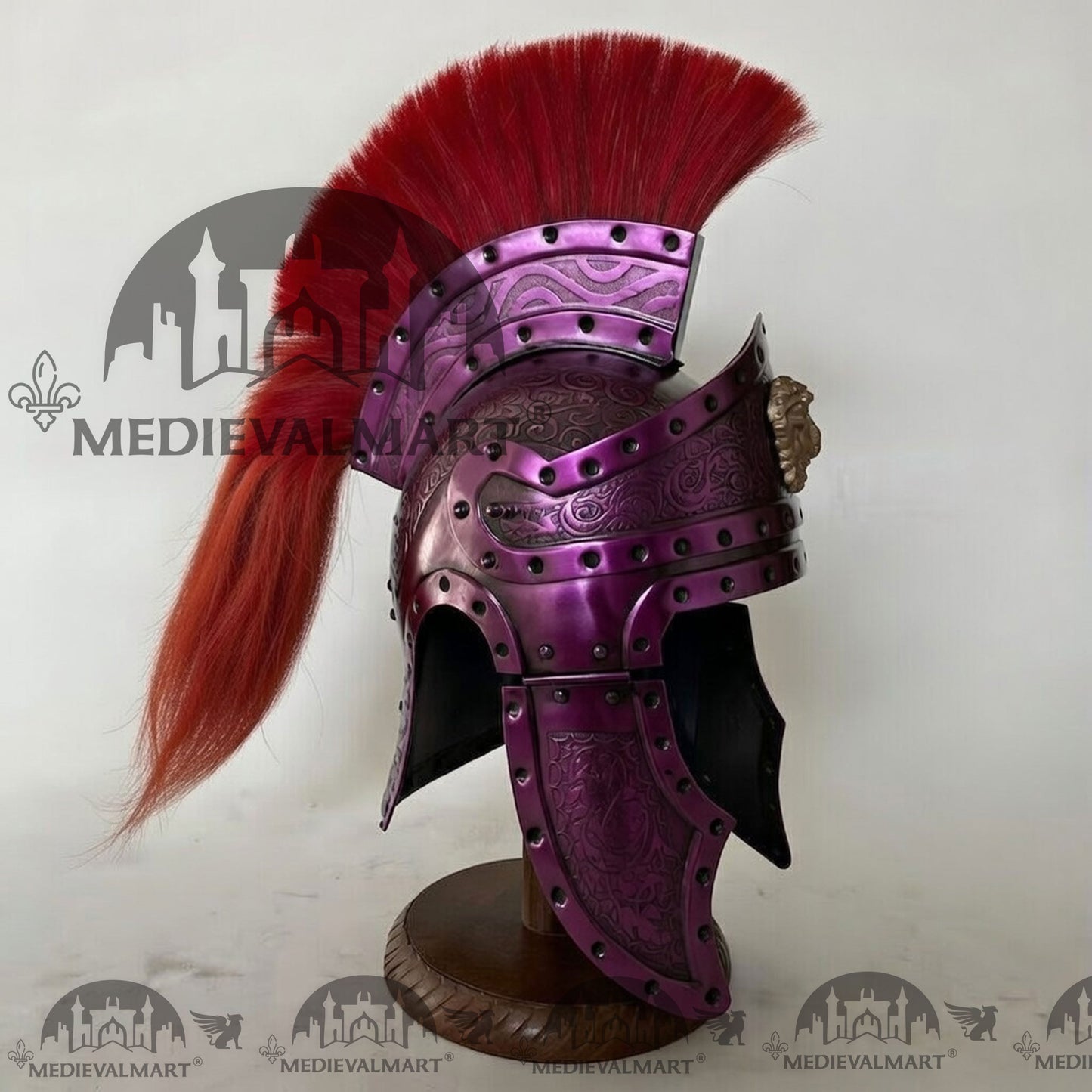 MEDIEVALMART Medieval Roman Centurion Purple Finish Helmet with Red Plume or Free Wooden Stand