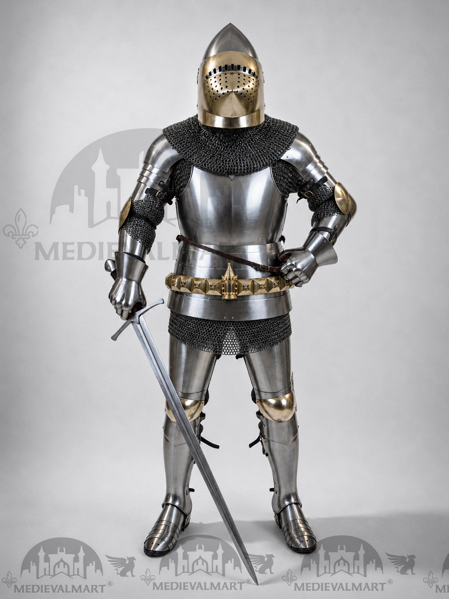 MEDIEVALMART Historical Knight Full Body Steel Armor Suit W/H Hundsgugel Helmet, Cuirass Stop Rib or Brass Touch