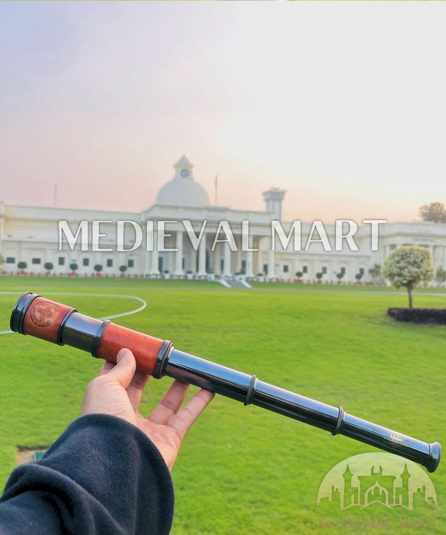 MEDIEVALMART Nautical Spyglass Antique Brass Engraved Telescope W/H Red Leather Case