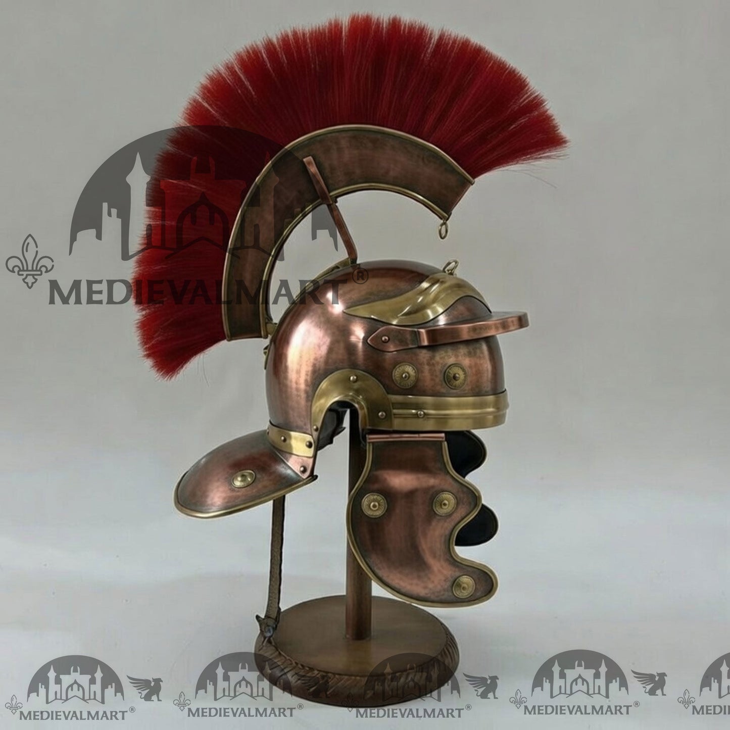 MEDIEVALMART Gallic Roman Centurion Antique Copper Finish Helmet Replica Red Plume with Free Stand