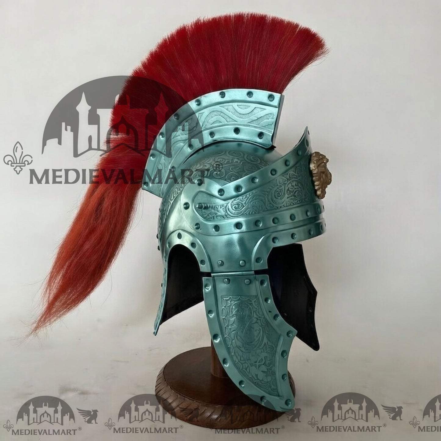 MEDIEVALMART Medieval Roman Centurion Aqua Blue Finish Helmet with Red Plume or Free Wooden Stand