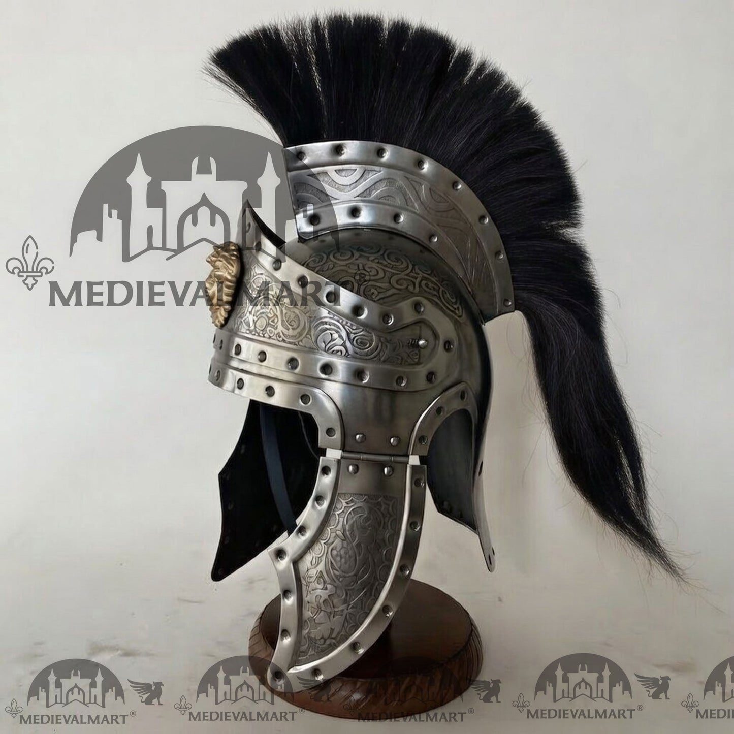 MEDIEVALMART Medieval Roman Centurion Silver Finish Helmet with Black Plume or Free Wooden Stand