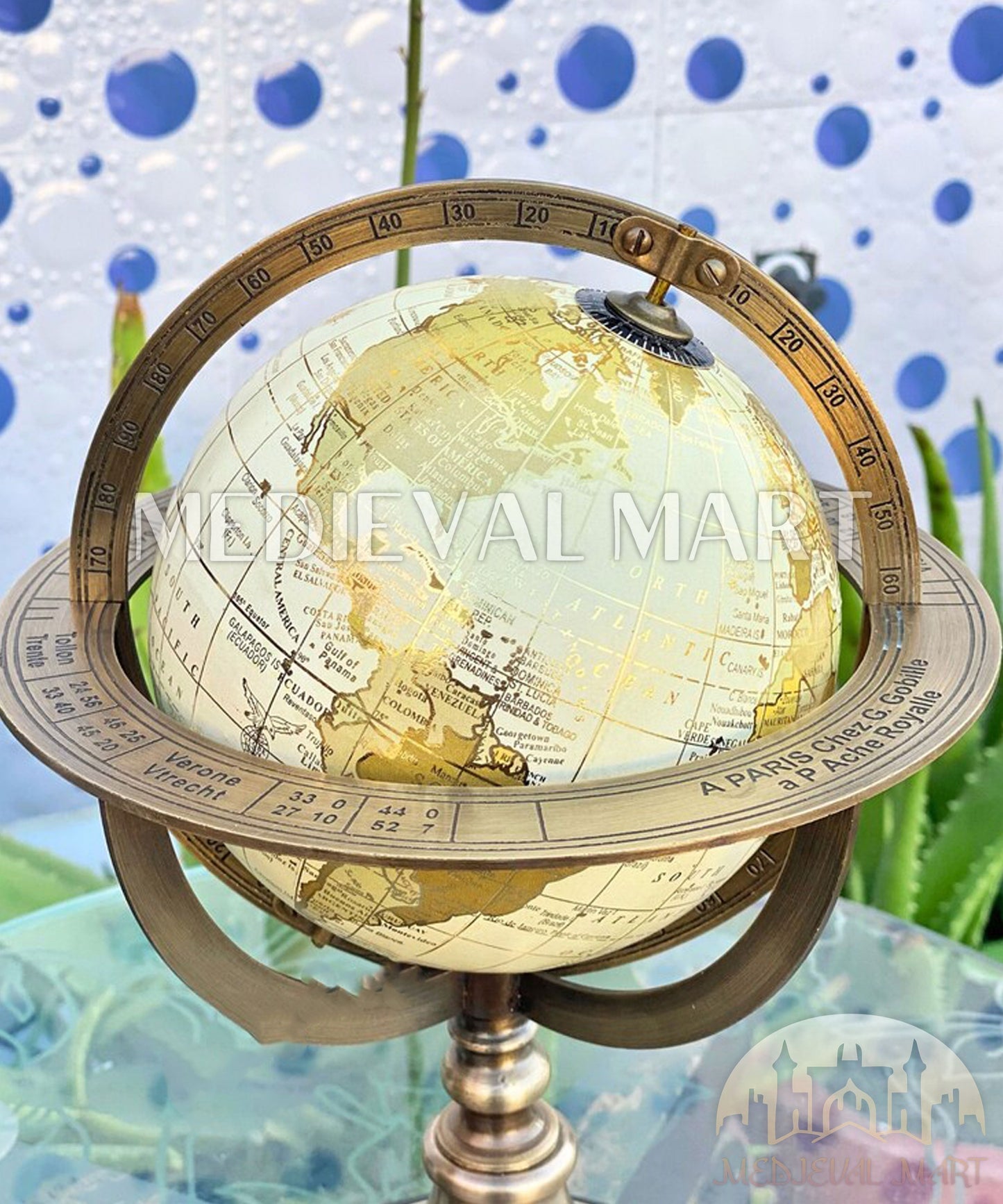 MEDIEVALMART Globe terrestre de table vintage en laiton fait main : Décoration de maison et de bureau de style antique, cadeau pour papa