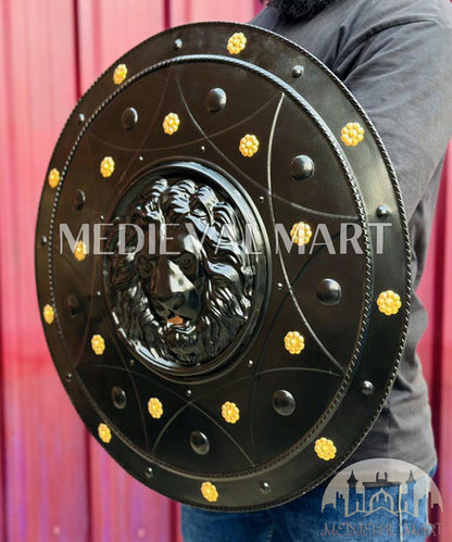 MEDIEVALMART Medieval Spartan Exclusive Gold Lion Face Shield W/H Black Finish | Gift for Dad