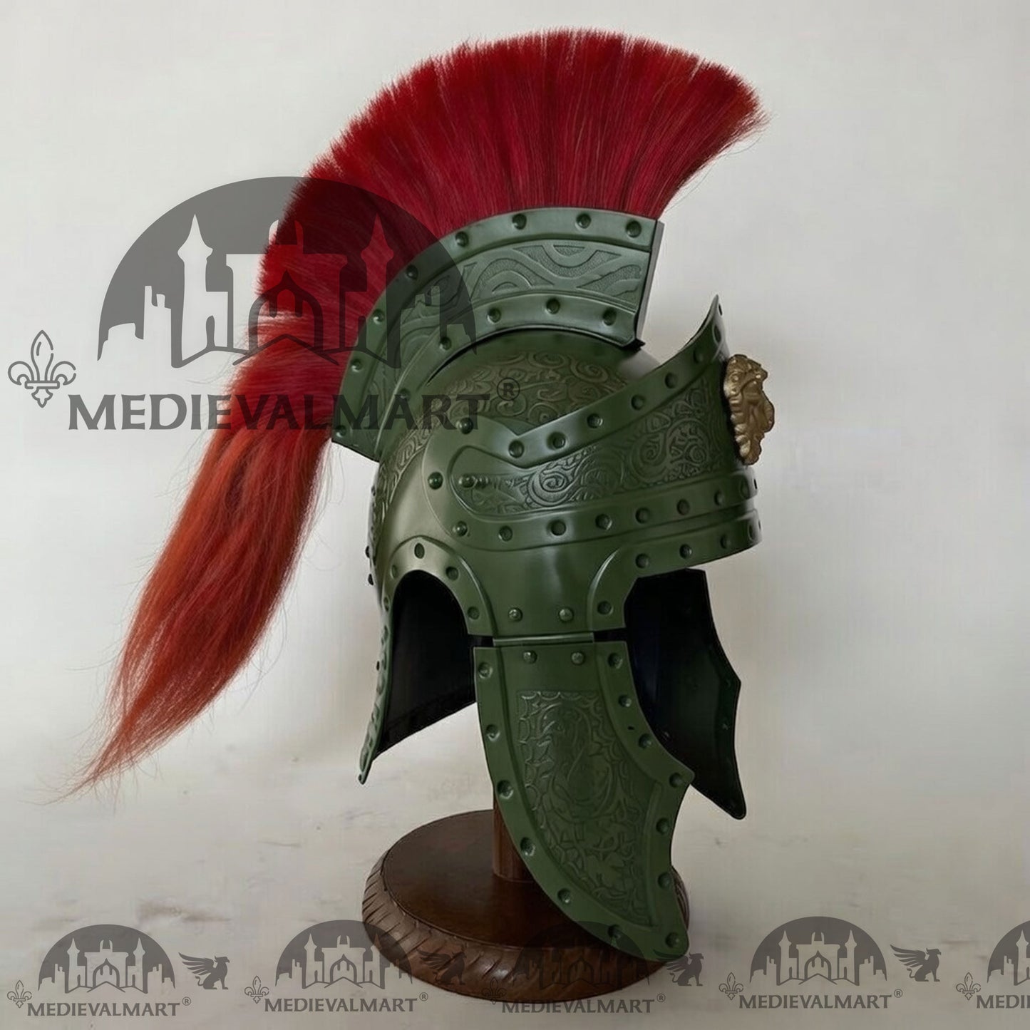 MEDIEVALMART Medieval Roman Centurion Jade Green Finish Helmet with Red Plume or Free Wooden Stand