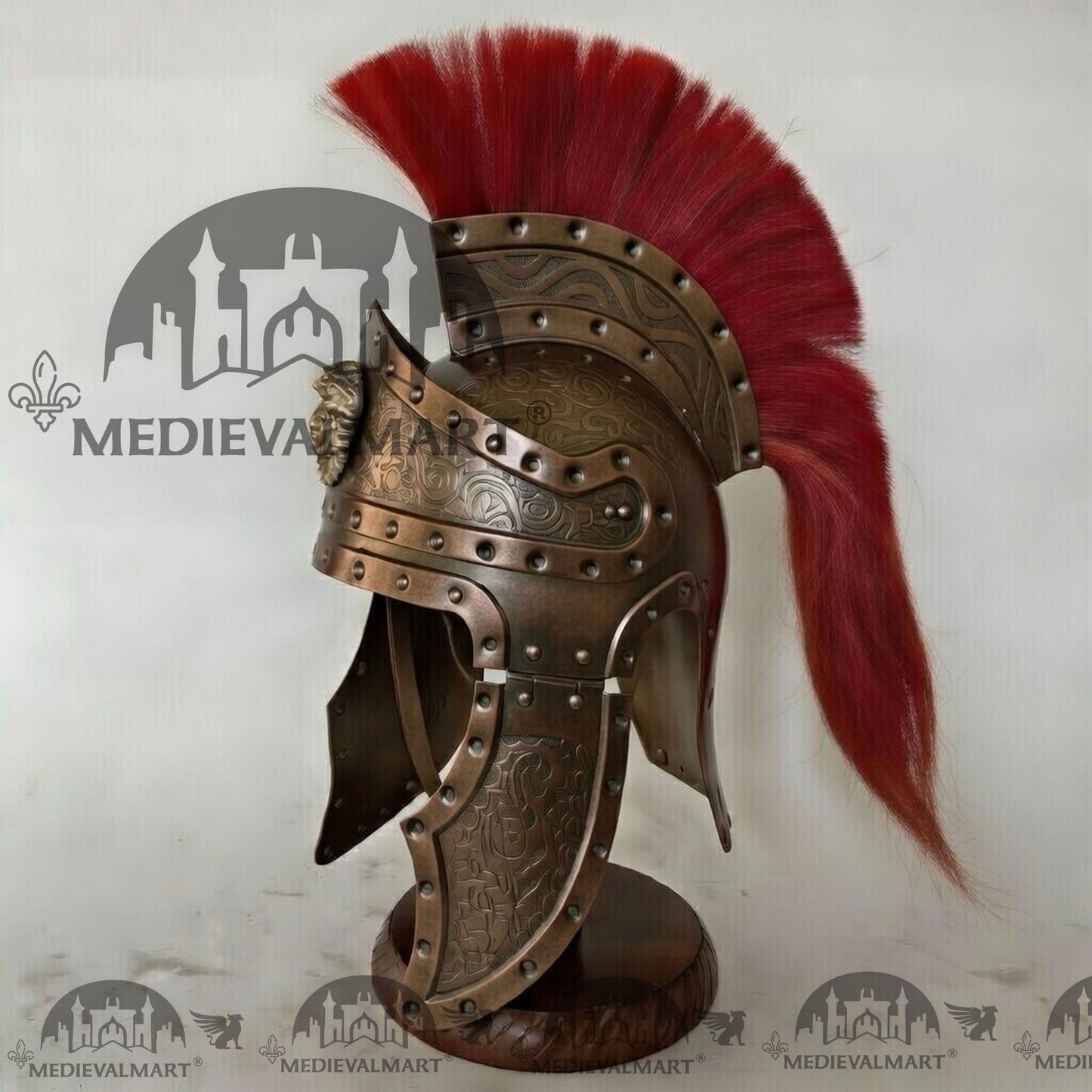 MEDIEVALMART Medieval Roman Centurion Antique Bronze Finish Helmet with Red Plume or Free Wooden Stand