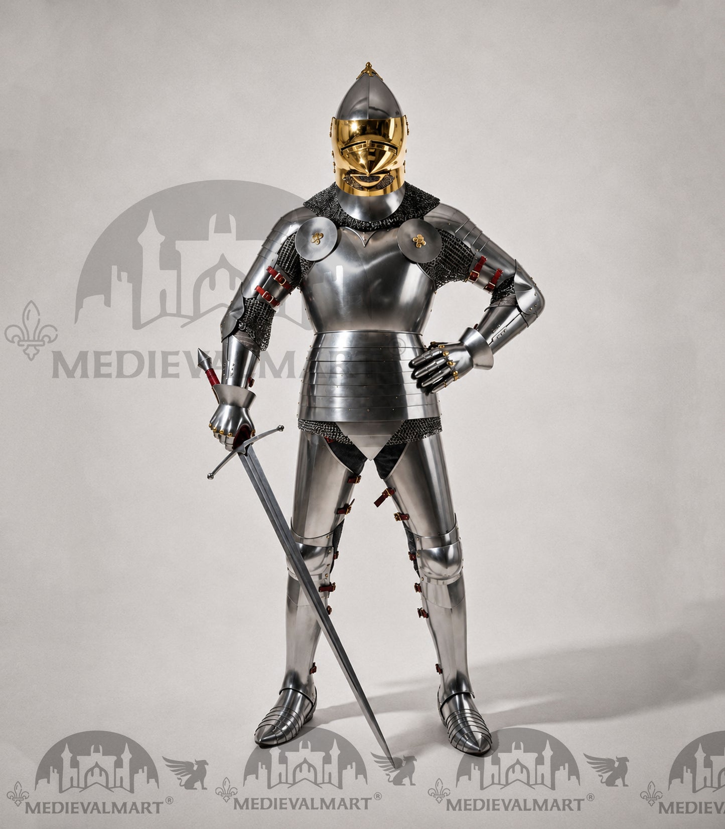 MEDIEVALMART 15th-Century English knight Warrior Gothic Plate Armor Costume W/H Gold Face Hounskull Helmet