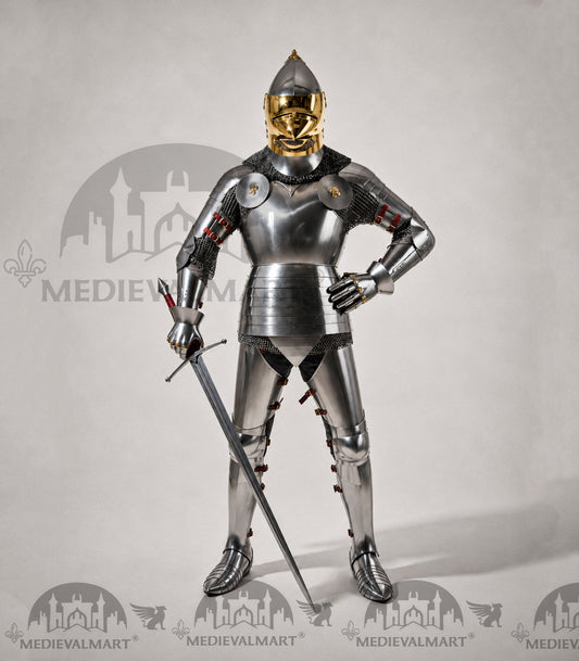 MEDIEVALMART 15th-Century English knight Warrior Gothic Plate Armor Costume W/H Gold Face Hounskull Helmet