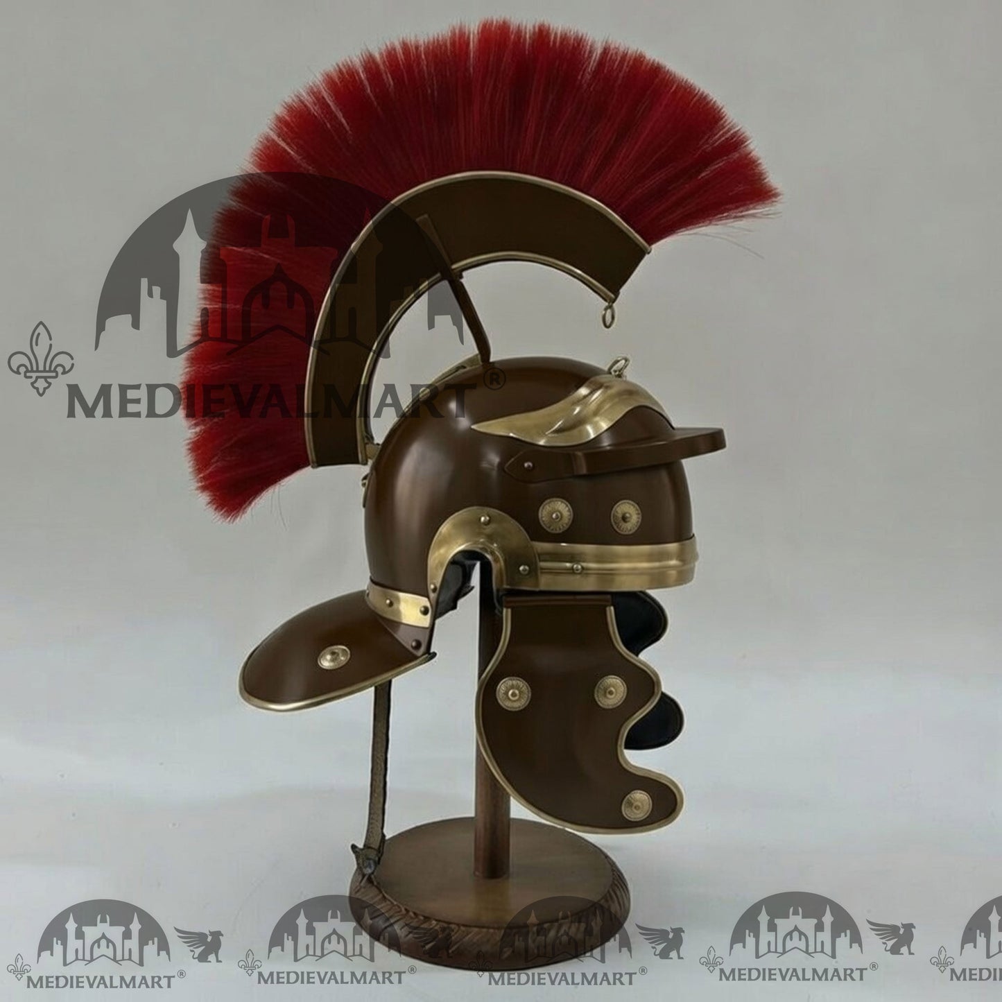 MEDIEVALMART Gallic Roman Centurion Brown Finish Helmet Replica Red Plume with Free Stand