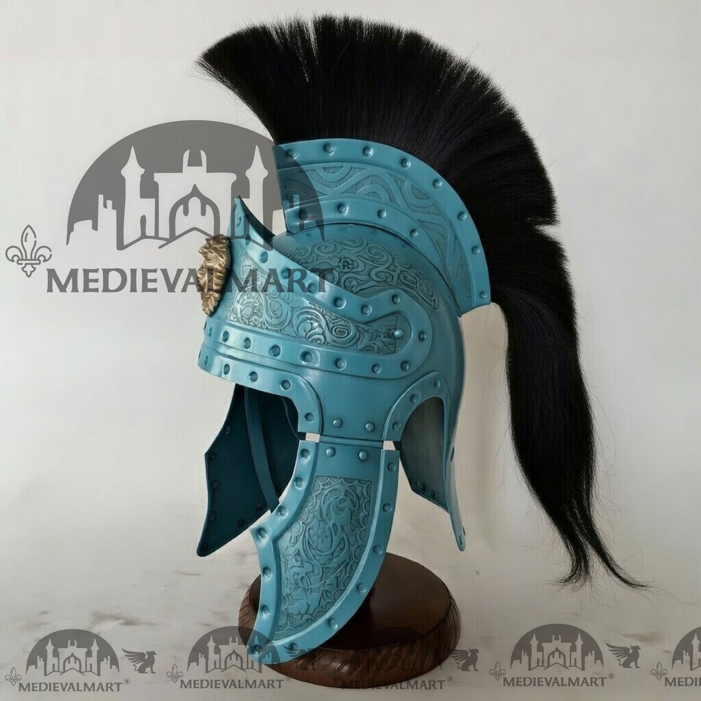 MEDIEVALMART Medieval Roman Centurion Aqua Blue Finish Helmet with Black Plume or Free Wooden Stand