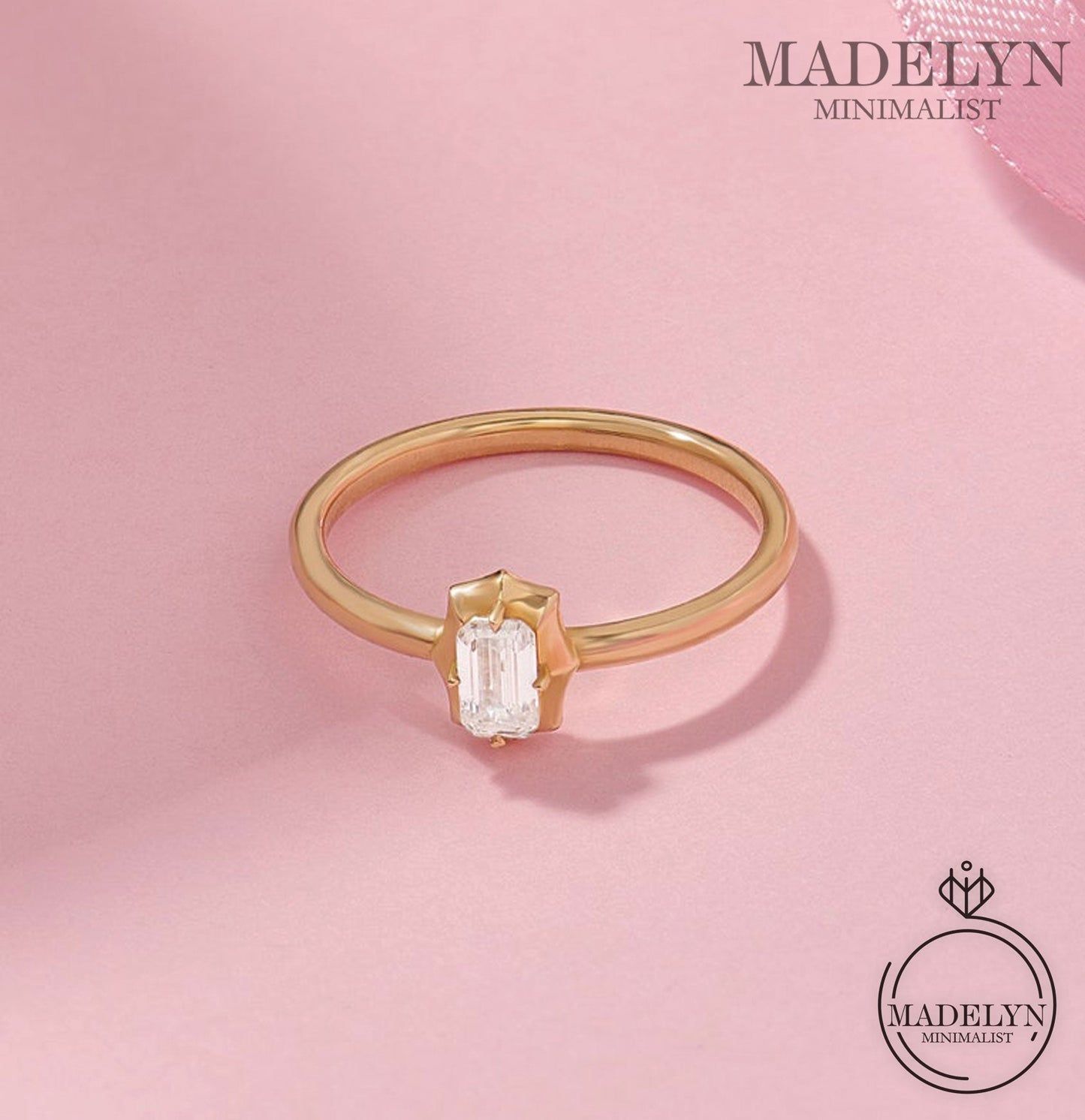 MADELYN MINIMALIST 14k Solid Gold Baguette Dainty Solitaire Engagement Ring for Women | Gift For Her Birthday