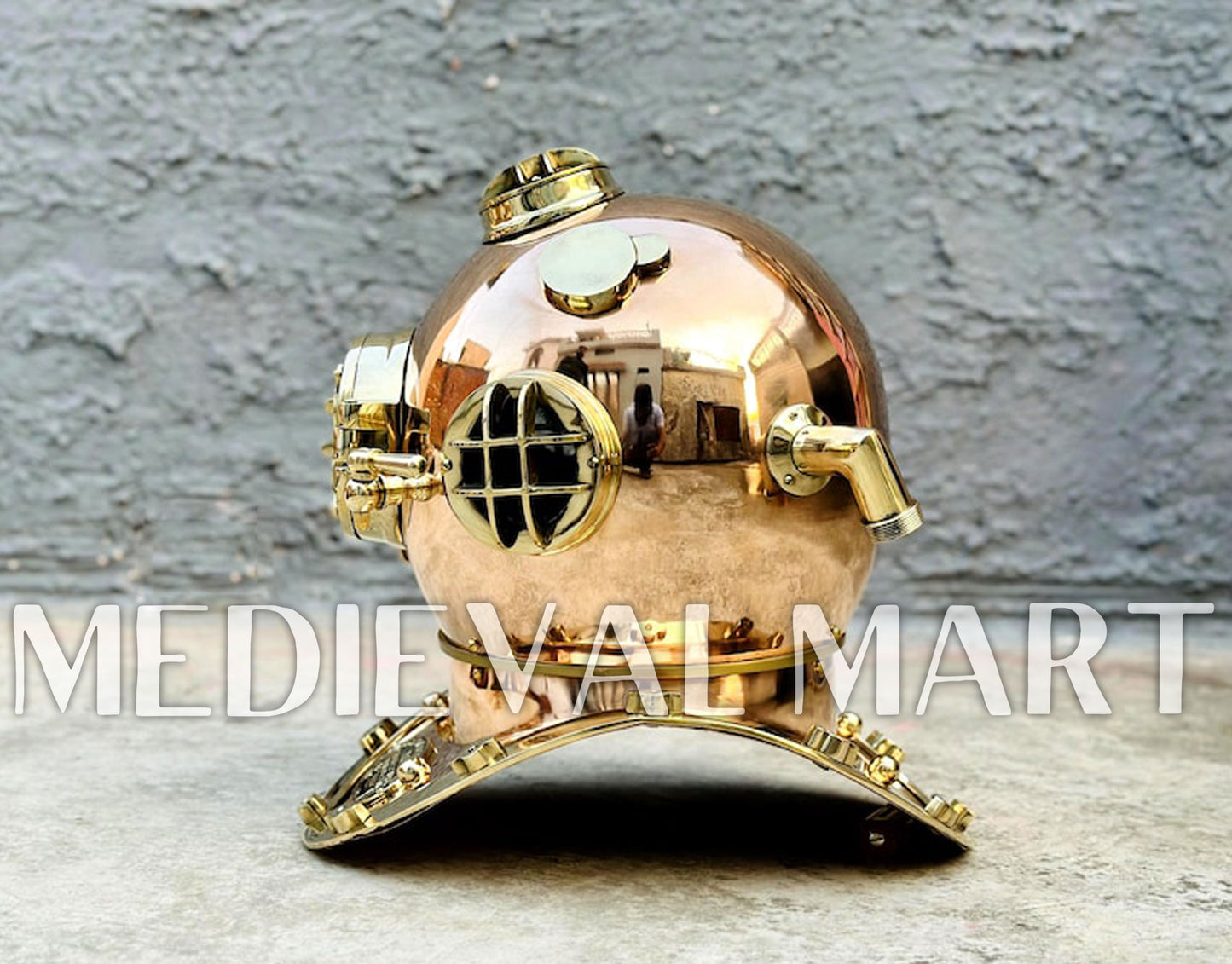 MEDIEVALMART Pure Copper Brass Diving Helmet With Wooden Base