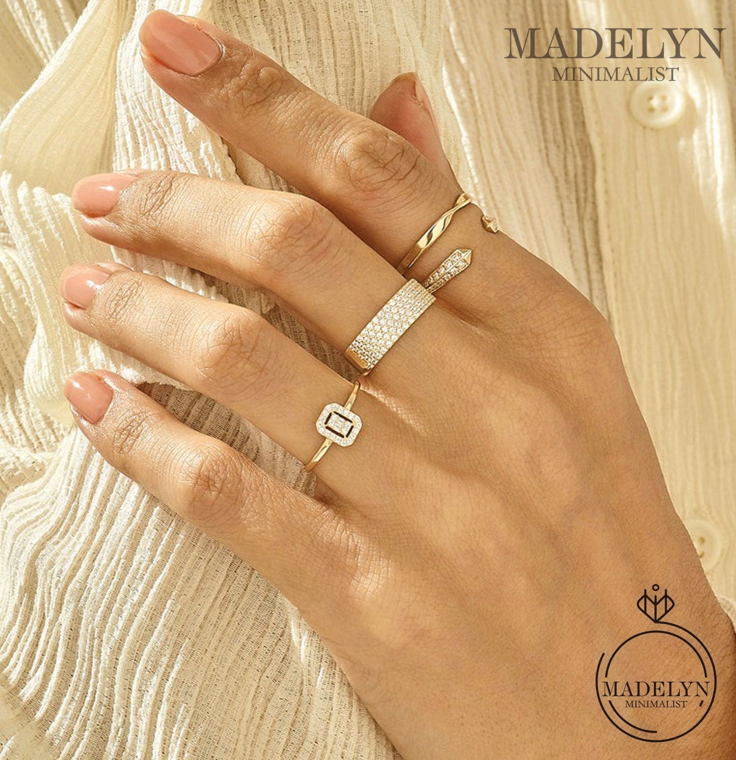 MADELYN MINIMALIST 14k Solid Gold Minimalist Baguette Pave Engagement Ring for Women | Gift For Her