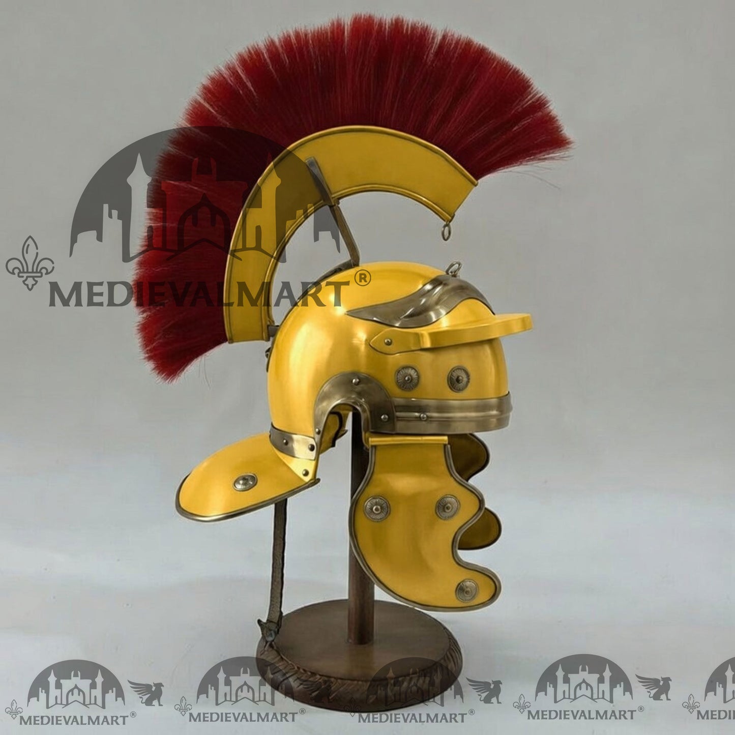 MEDIEVALMART Gallic Roman Centurion Yellow Finish Helmet Replica Red Plume with Free Stand