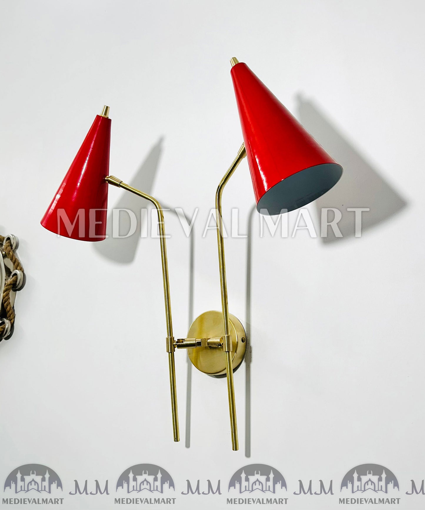 MEDIEVALMART 1900s Red Cone Brass Wall Sconce: Mid Century Italian Diabolo Light