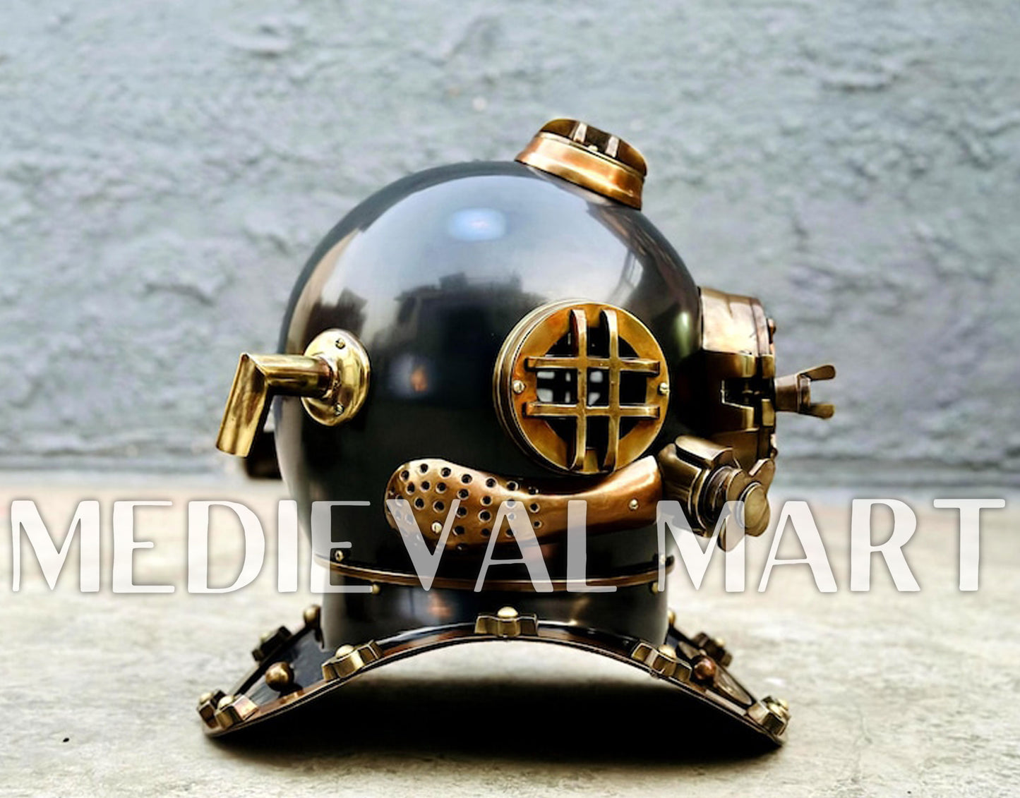 MEDIEVALMART Antique Black Finish Diving Helmet With Wooden Base