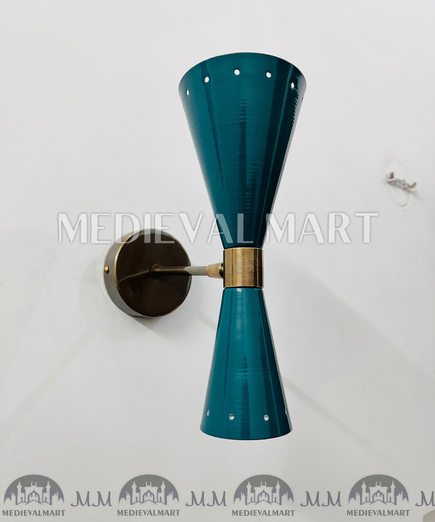 MEDIEVALMART Turquoise Brass Wall Sconce: Mid Century Italian Stilnovo Lighting