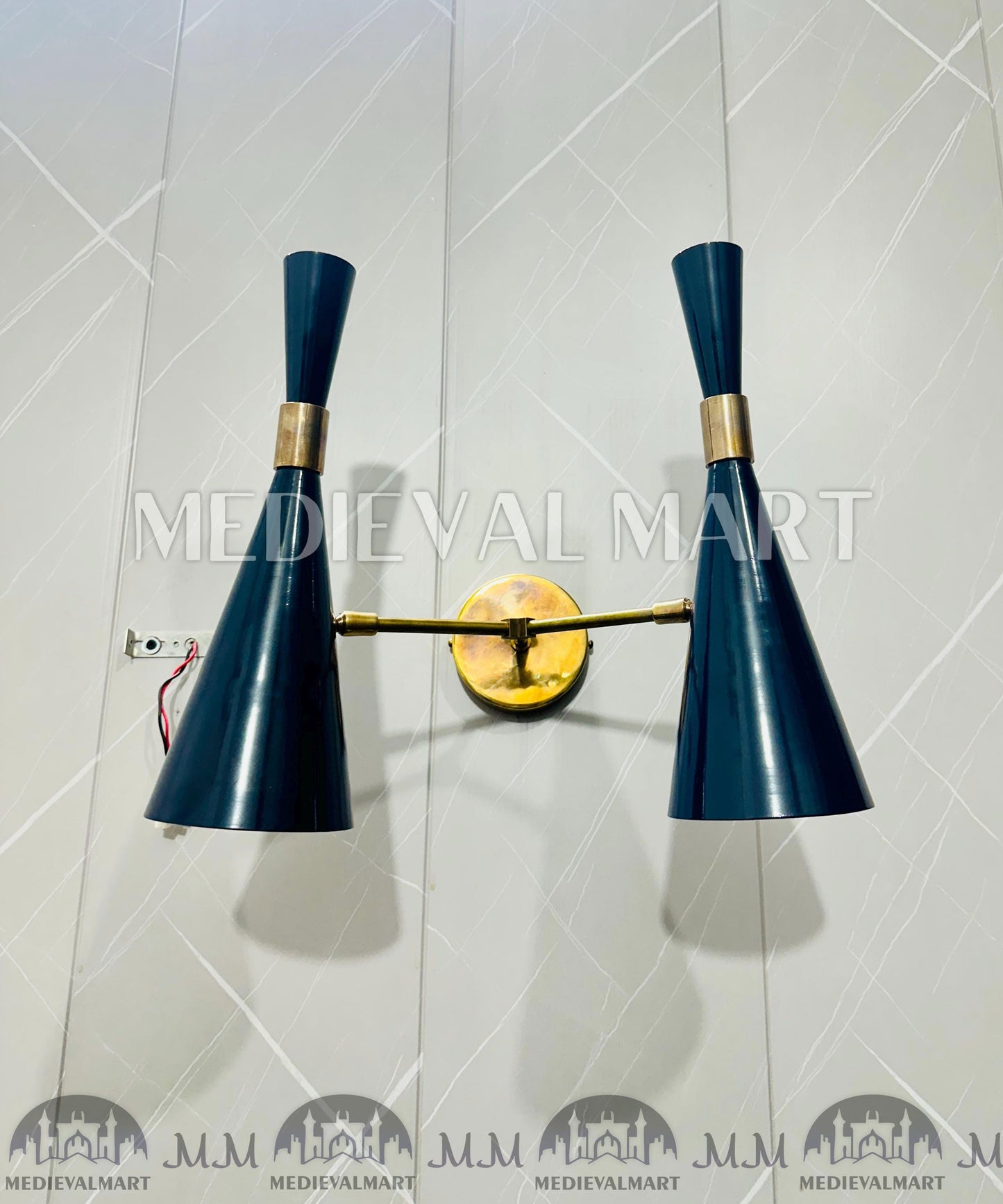 MEDIEVALMART Customized Handcrafted Mid-Century Brass Wall Sconce - Double Arm Shade Light Fixttue.