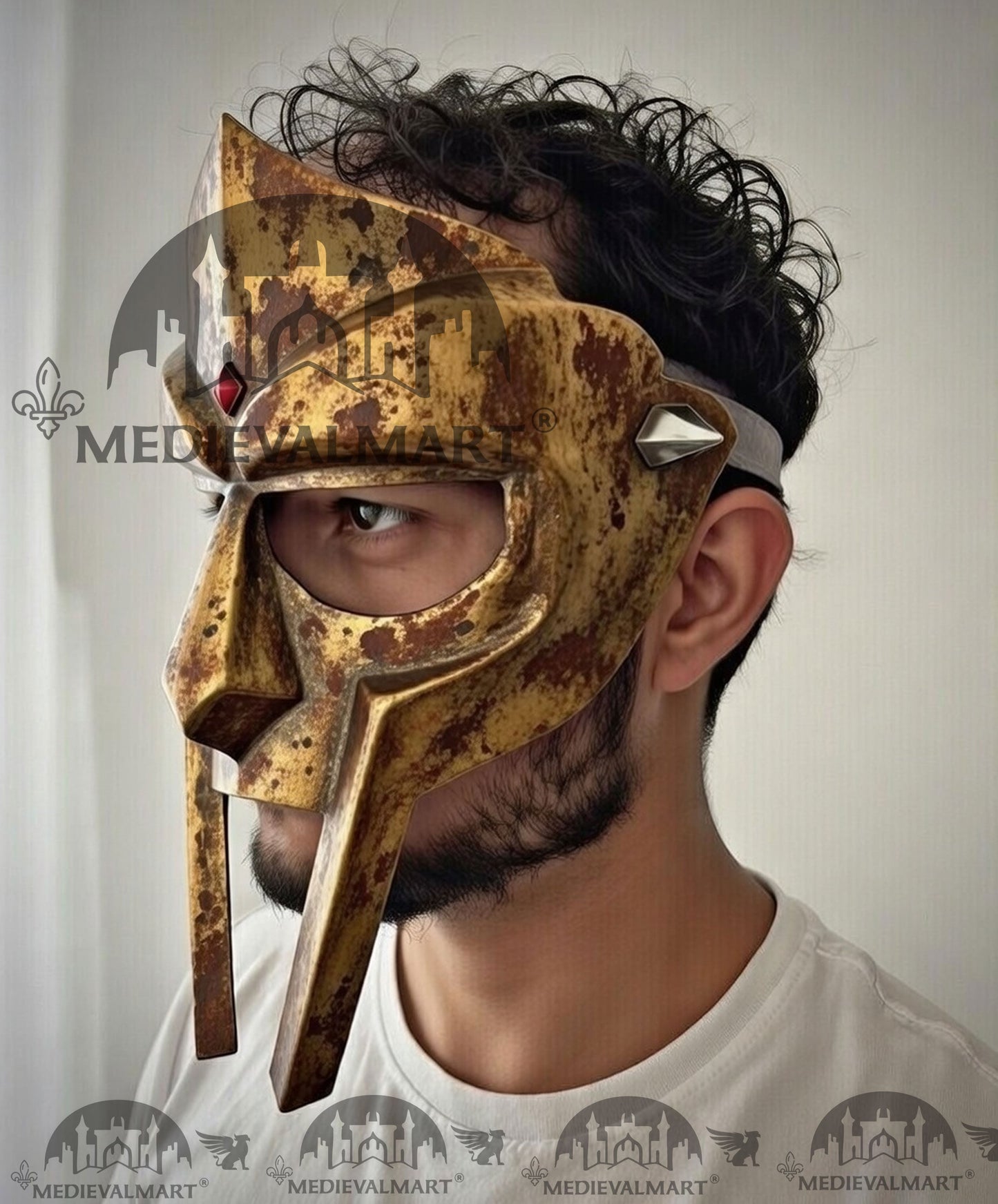 MEDIEVALMART PREMIUM MF DOOM Mask Mad Villain Gold Rusted Finish Steel Face Armor